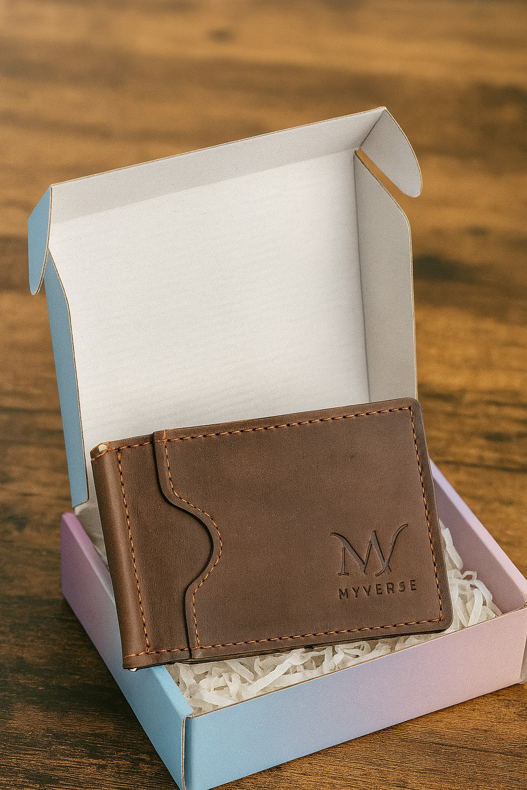 Brown leather wallet with money clip in gift box
