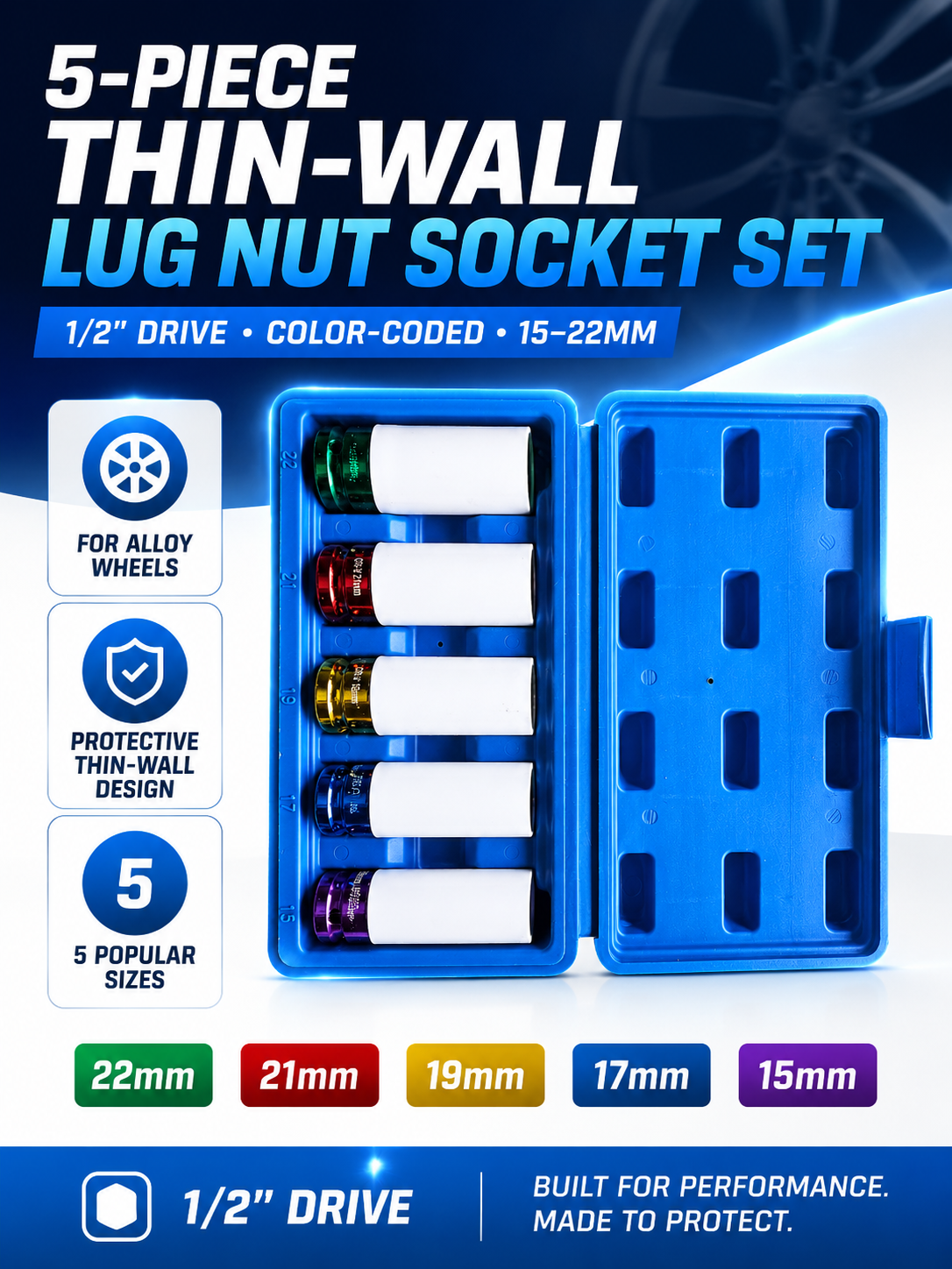 5-Piece Thin-Wall Lug Nut Socket Set — 15-22mm, 1/2" Drive