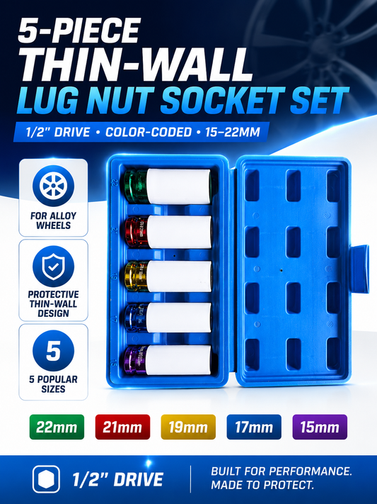 5-Piece Thin-Wall Lug Nut Socket Set — 15-22mm, 1/2" Drive