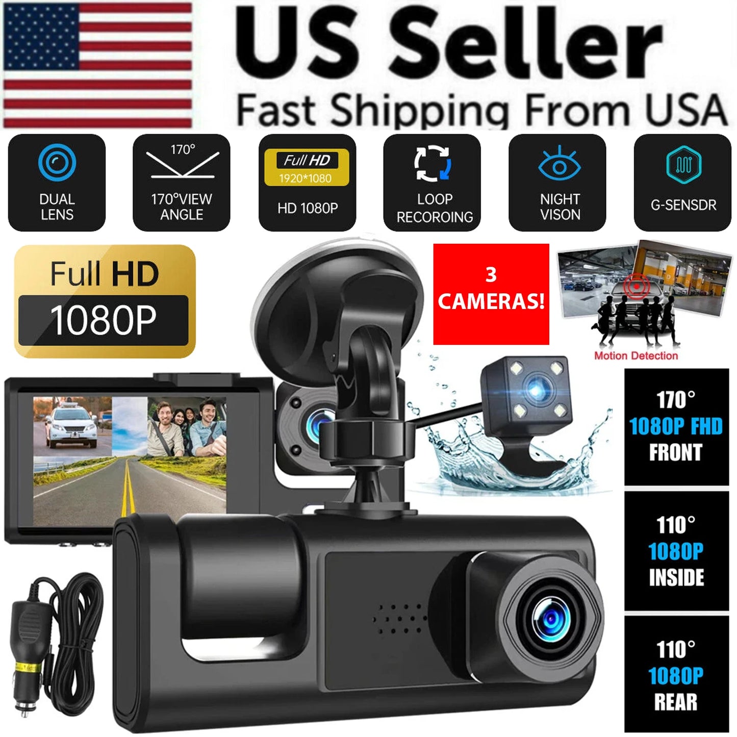 Three-camera 1080p dash cam with front, cabin, and rear cameras