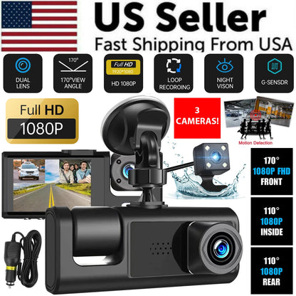 Three-camera 1080p dash cam with front, cabin, and rear cameras