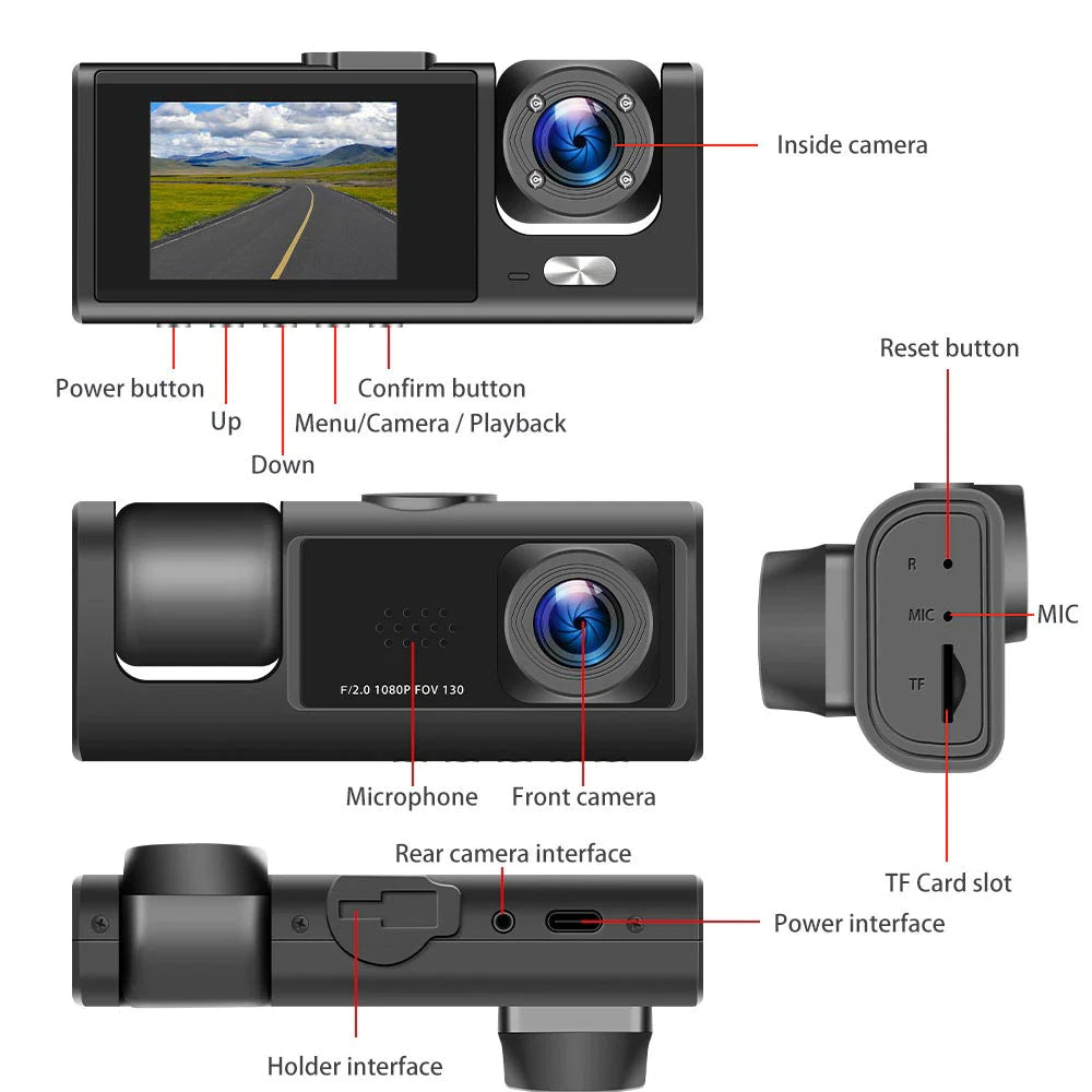 Dash cam controls, ports, display, and rear camera details