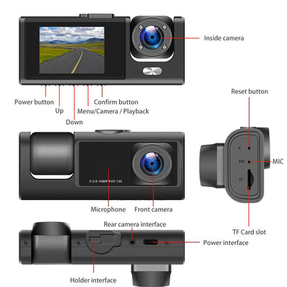 Dash cam controls, ports, display, and rear camera details