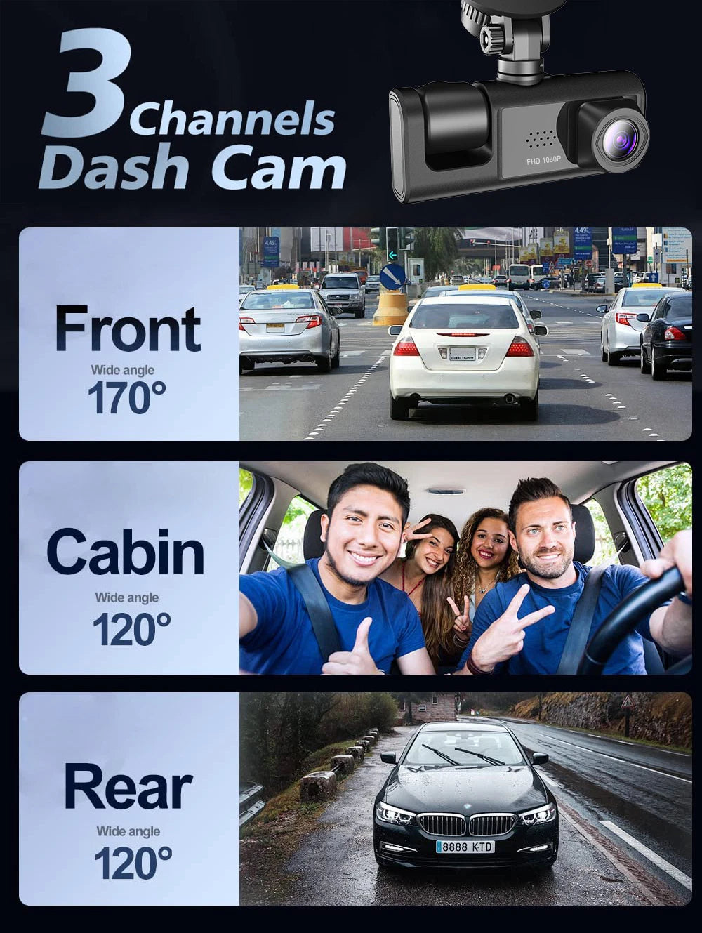 Three-channel dash cam front cabin and rear viewing angles