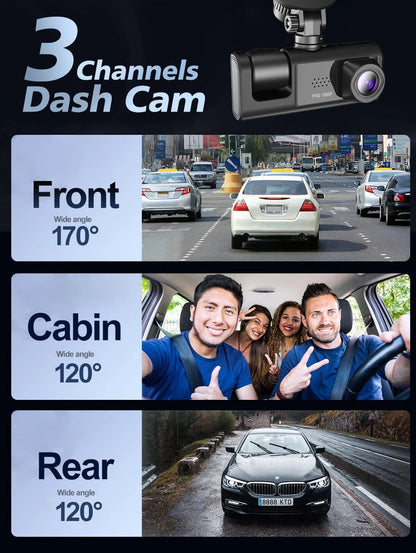 Three-channel dash cam front cabin and rear viewing angles